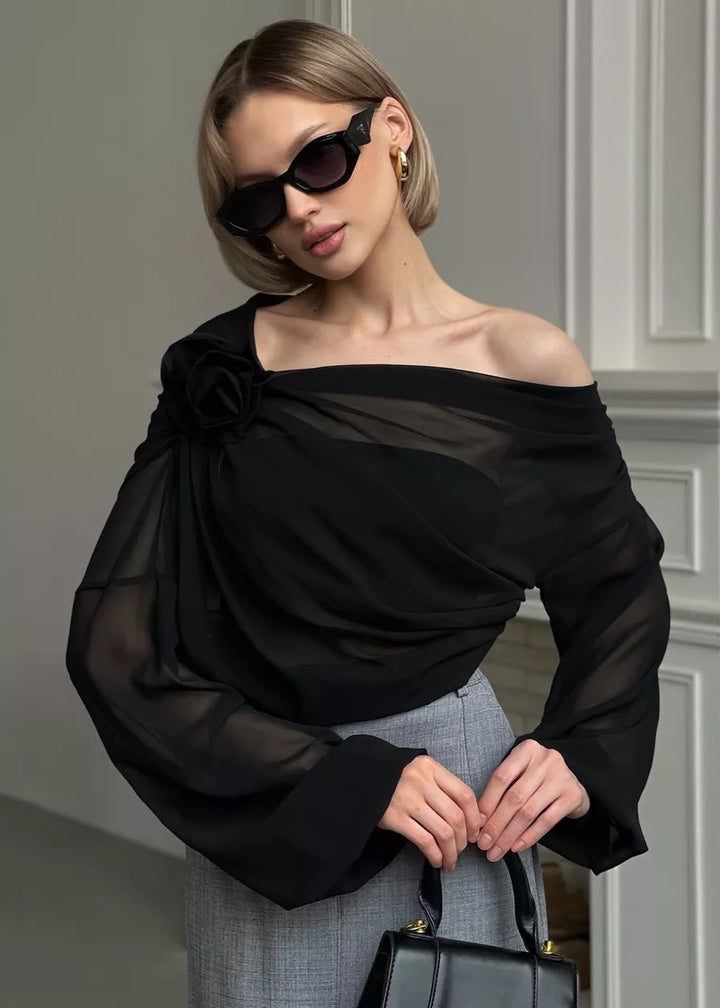 One-Shoulder Long Sleeve Chiffon Blouse