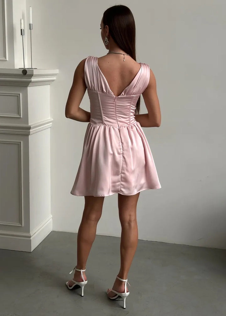 V-Neck Cinched Waist Flared Hem Satin Mini Dress