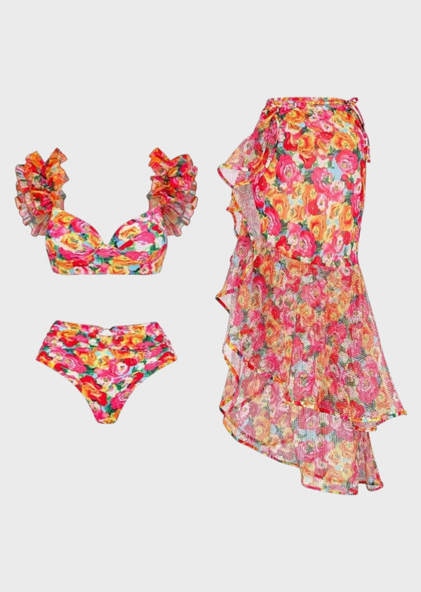 Floral Print Ruffled Two-Piece Bikini Swimsuit & Cover-Up Skirt