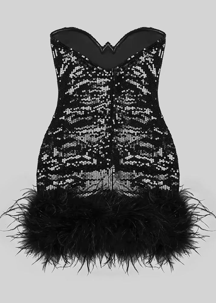 Ramla Feather Trim Sequined Dress