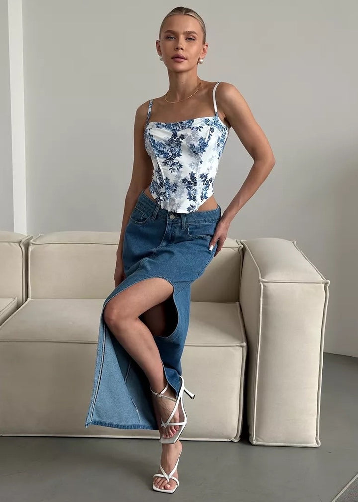 Side Slit Denim Midi Skirt