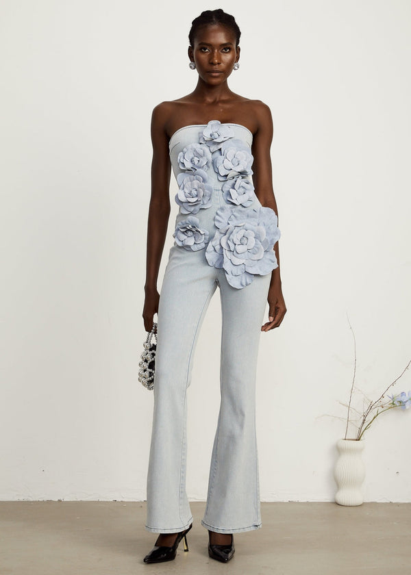 Strapless Denim Floral Applique Jumpsuit