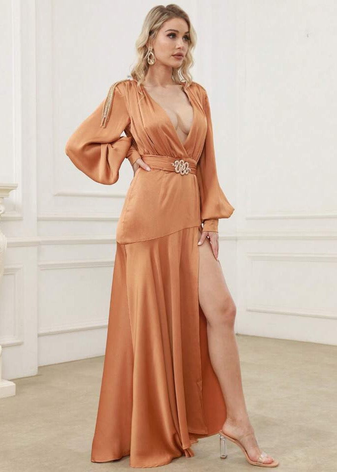 Plunging Neck Lantern Sleeve Split Thigh Dress