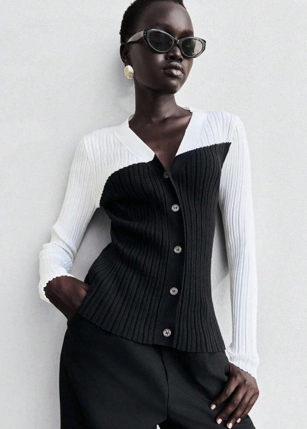 Contrasting V-Neck Button-Front Ribbed Top