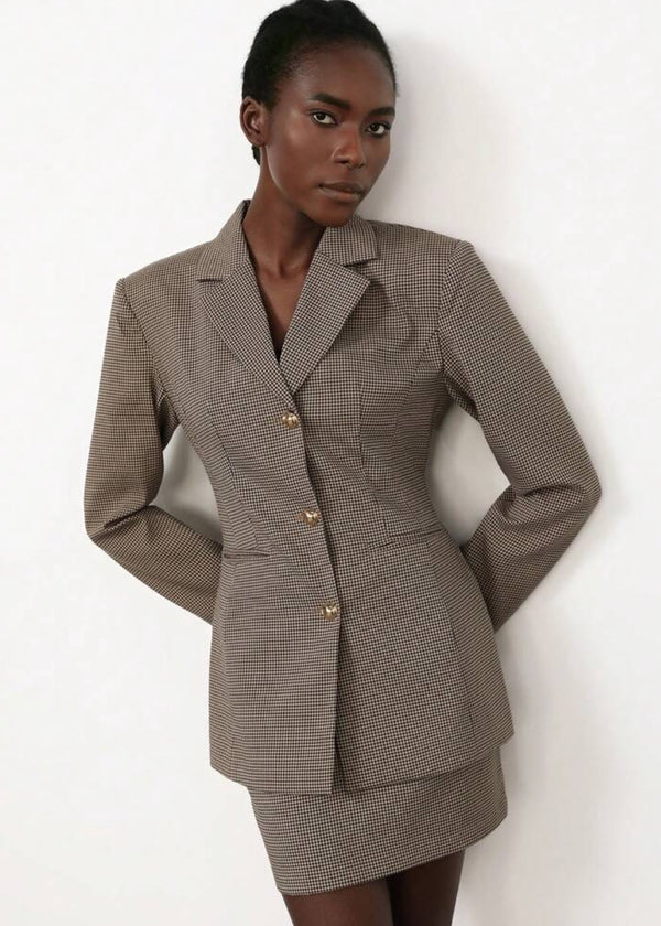 Peak Lapel Waist Belt Plaid Blazer