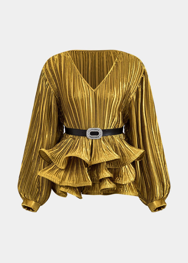 Ruffle Pleated V-Neck Belt Decor Top