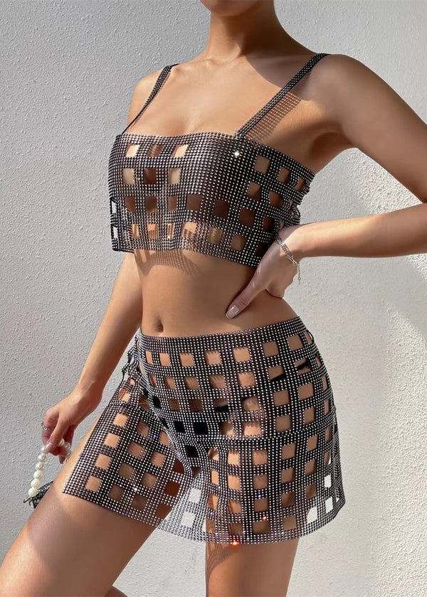 Square Hollow-Out Rhinestone Two-Piece Set