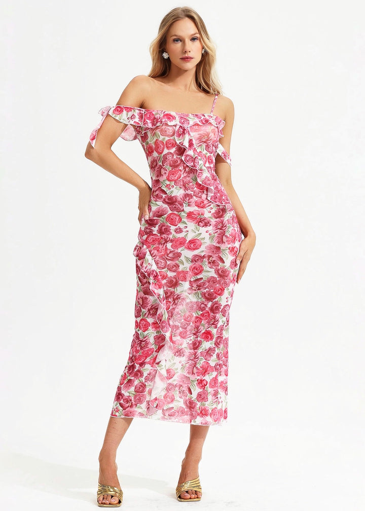 Romantic Chiffon Floral Print Ruffle Maxi Dress