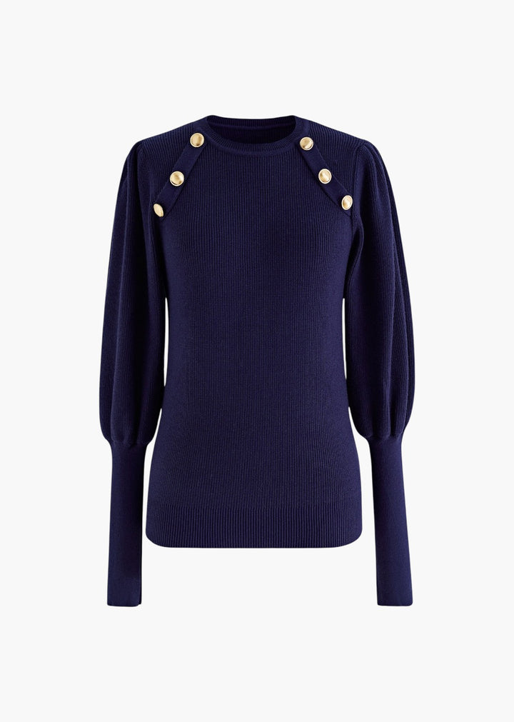 Gigot Sleeve Gold Buttons Decor Knit Top