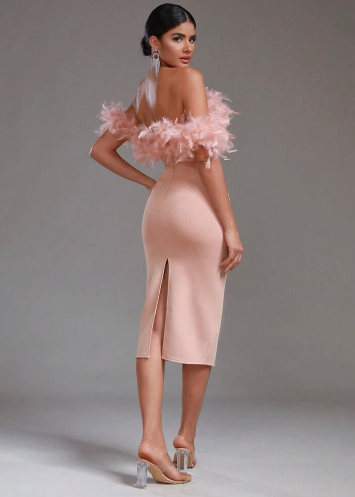 Feather Strapless Off Shoulder Bandage Midi Party Dress