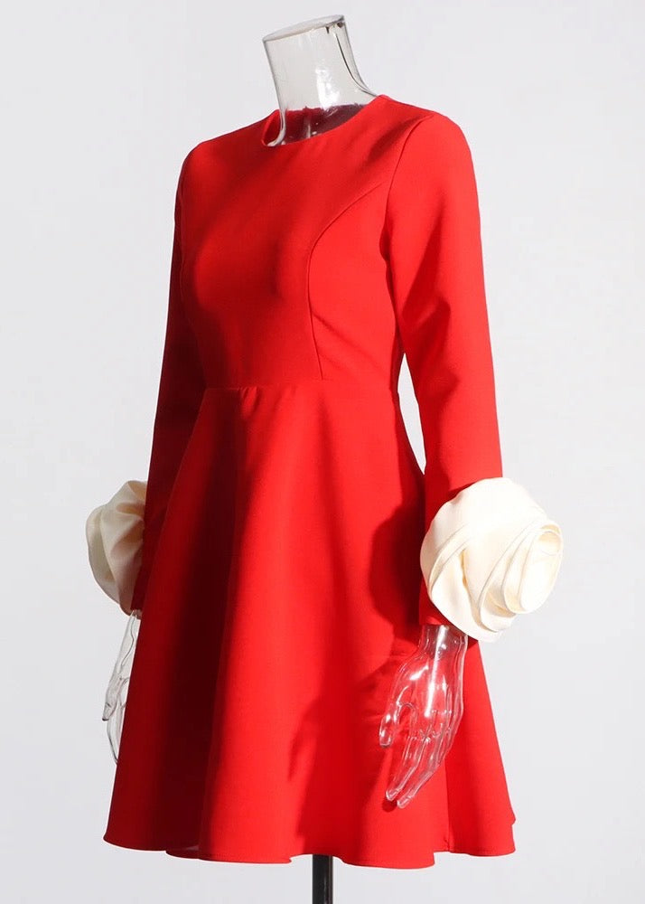 3D Flower Decor Long Sleeve A-Line Mini Dress