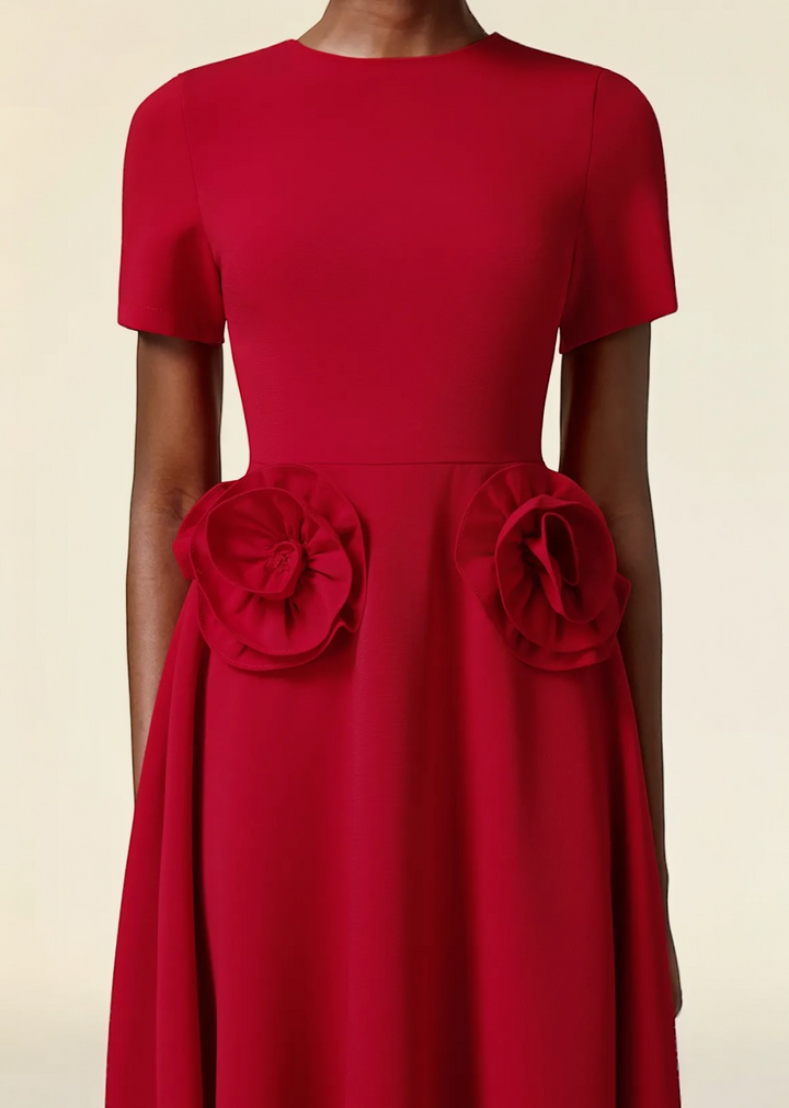 Waist Roses Short Sleeves Flared Skirt Midi Dress