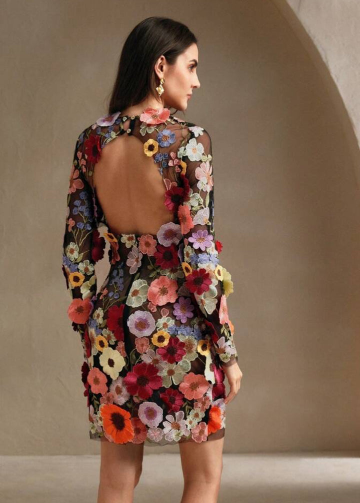 Floral Appliqué Open Back Mini Dress