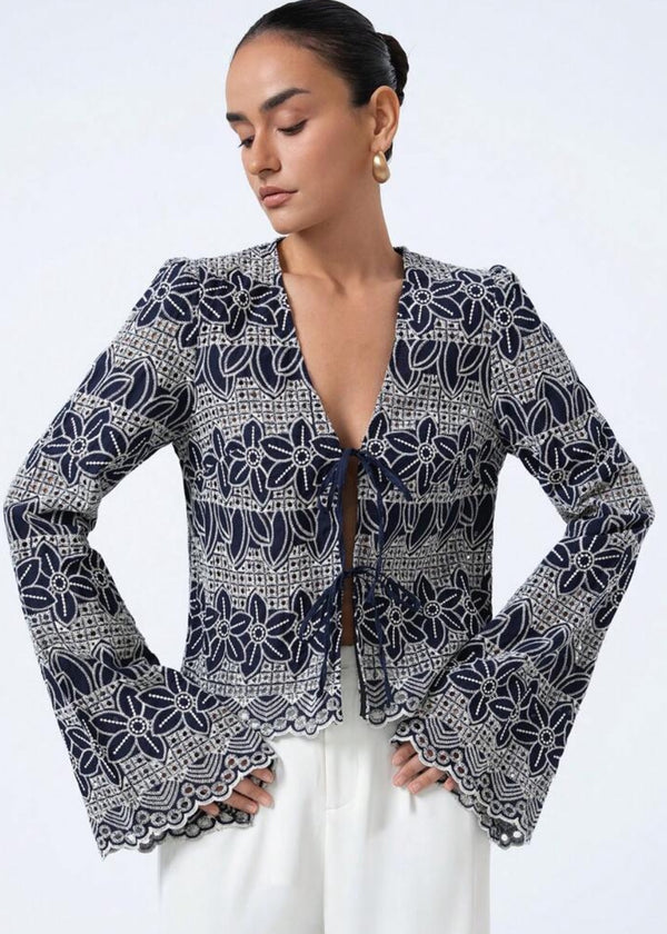 Deep V-Neck Front Tie Flare Sleeve Top