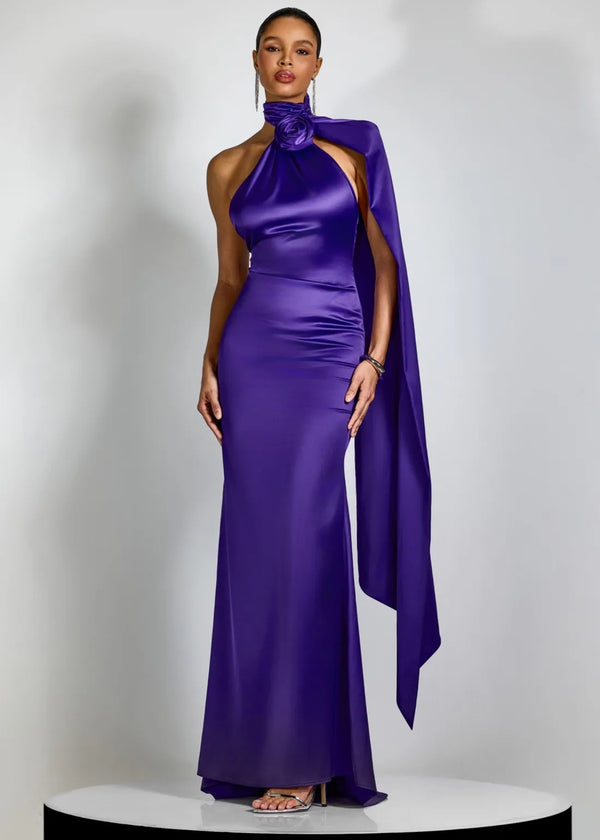 Halter Rose Applique Draped Cape Gown