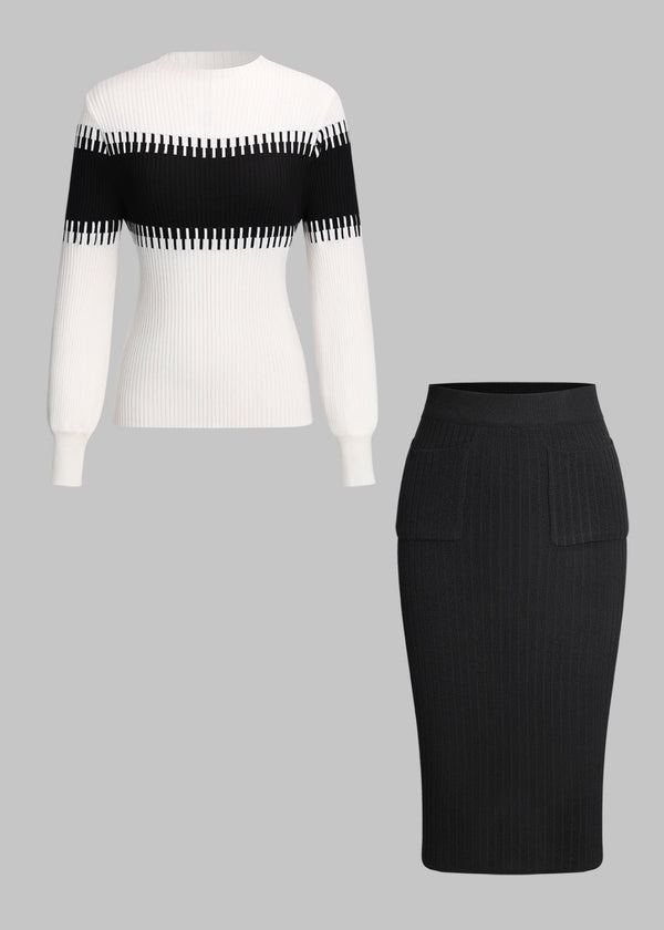 Striped Pullover Top & Bodycon Skirt Knitted Set