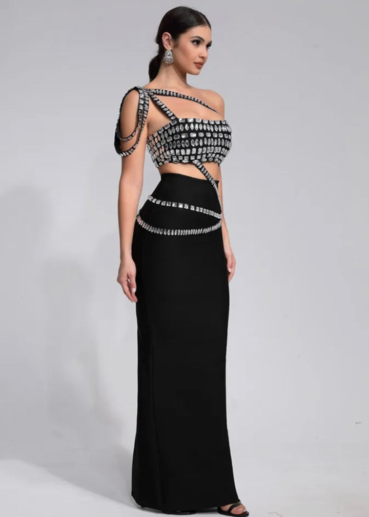 Rhinestone Draping Shoulder Two-Piece Dress