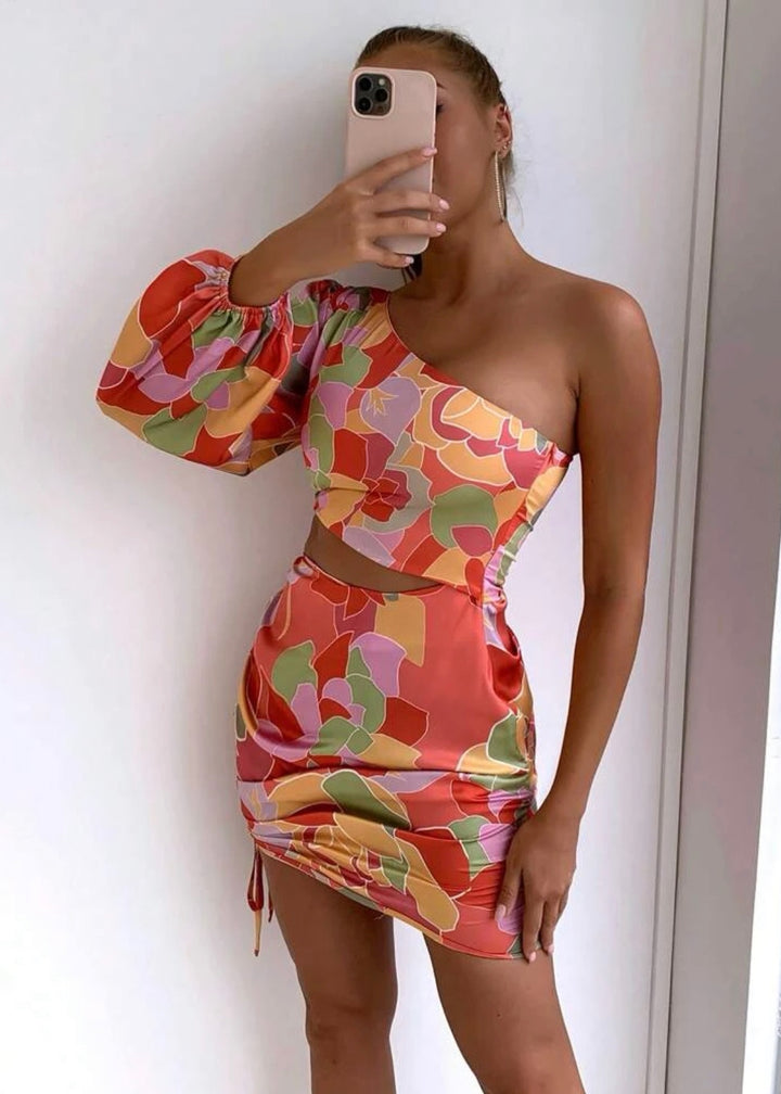 Printed One Shoulder Cut Out Drawstring Side Bodycon Dress