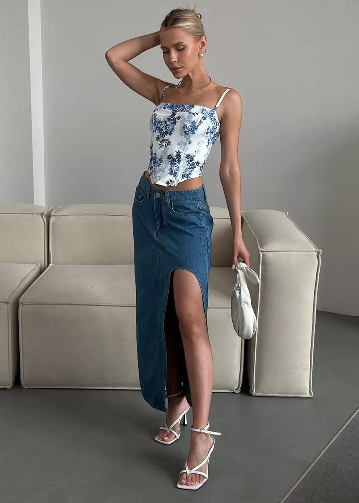 Side Slit Denim Midi Skirt