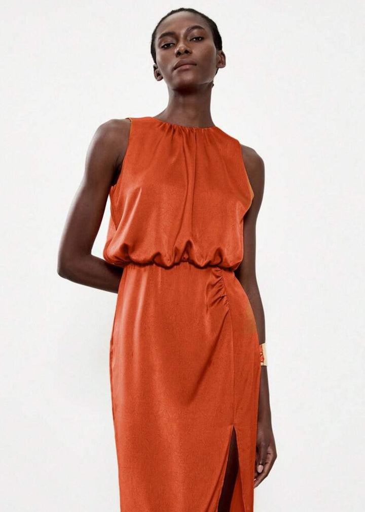 Sleeveless Side Slit Ruched Midi Dress