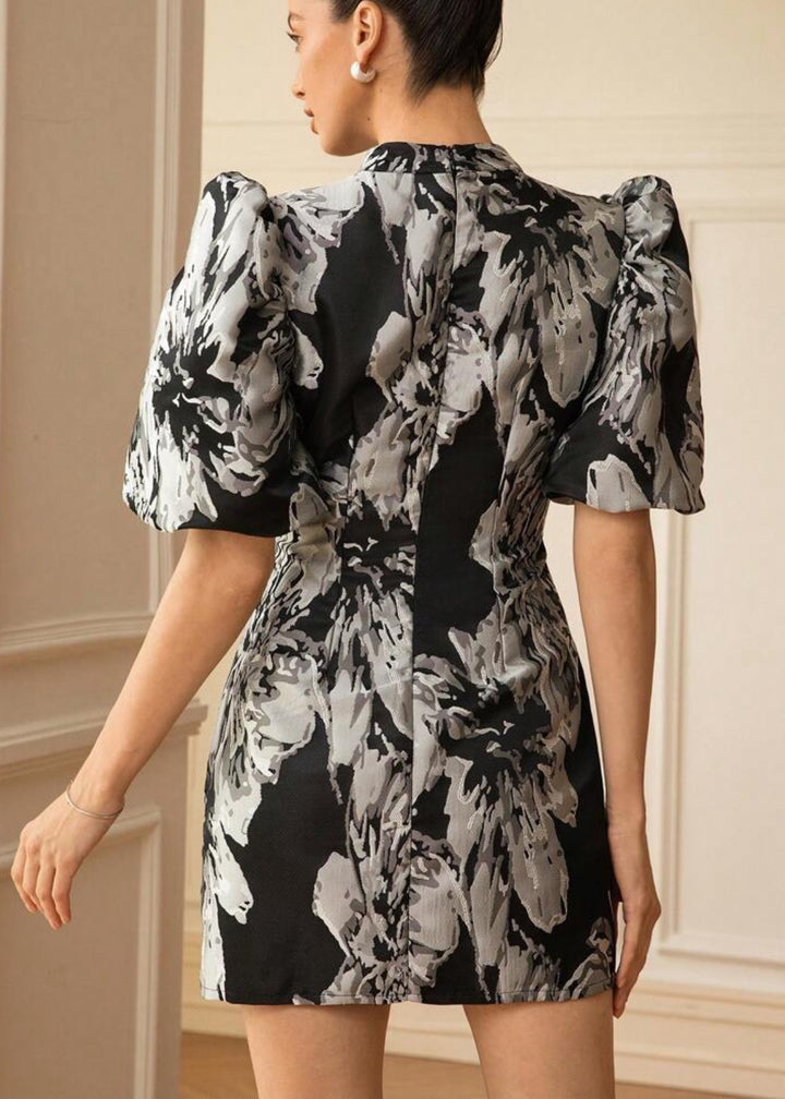 Jacquard Puff Sleeve Mock Neck Dres