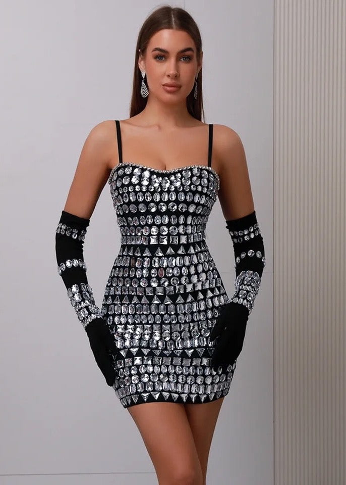Crystal Embroidered Bodycon Mini Dress With Gloves