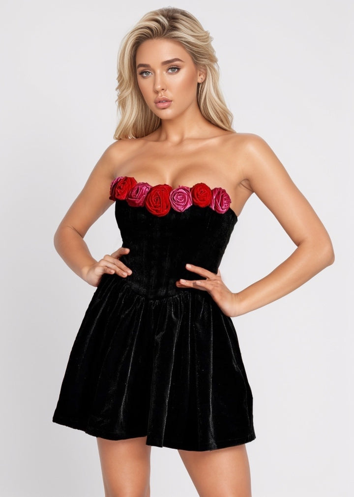 Leticia 3D Flower Decor Strapless A-Line Mini Dress