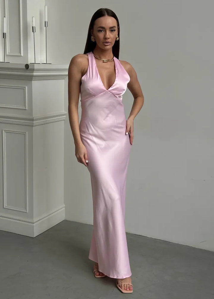 Crisscross Back V-Neck Satin Maxi Dress