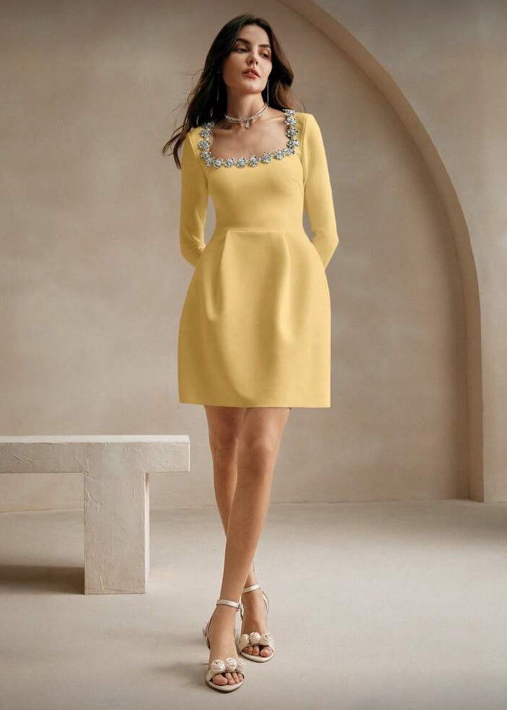 Square Neck Crystal Embellished Long Sleeve Mini Dress