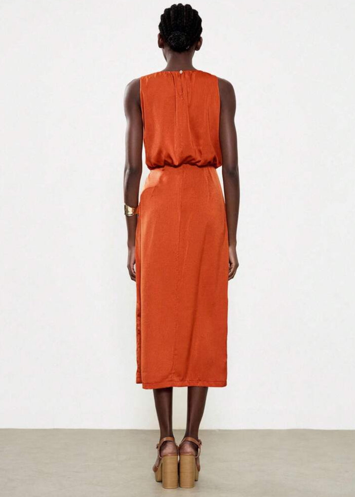 Sleeveless Side Slit Ruched Midi Dress