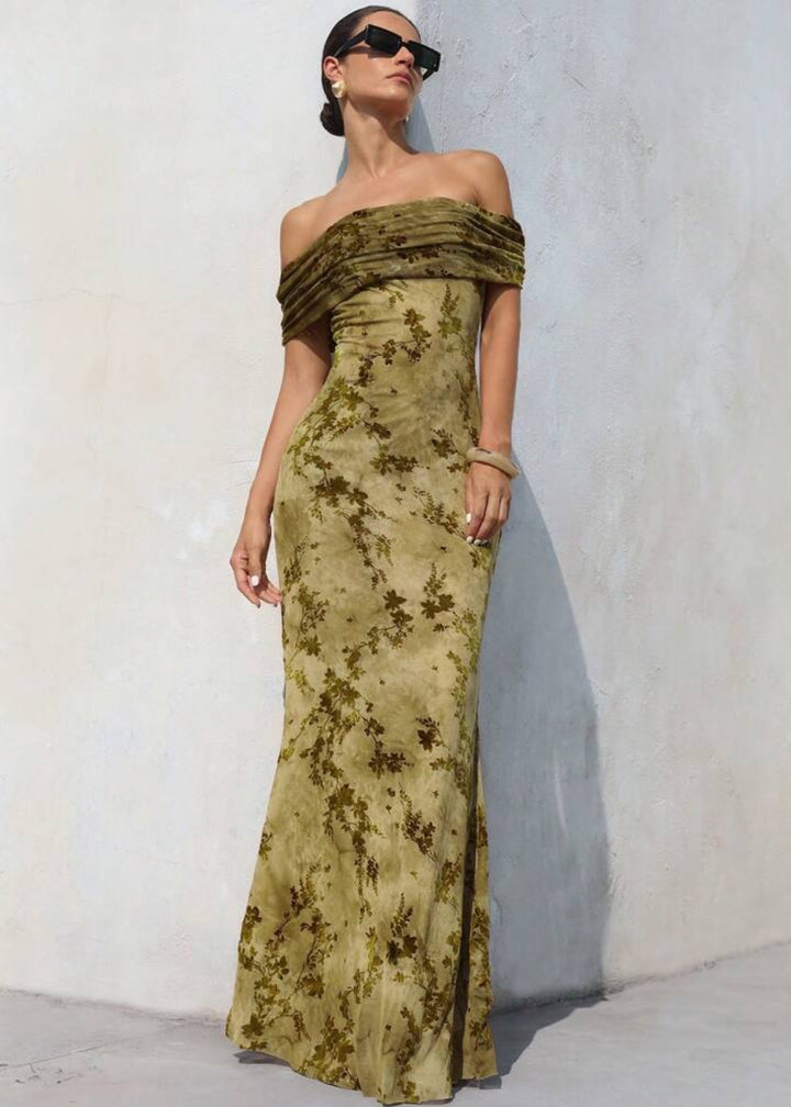Floral Print Ruched Off-Shoulder Gown