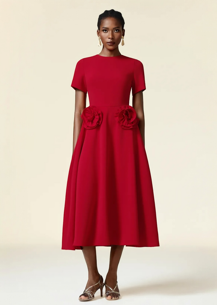 Waist Roses Short Sleeves Flared Skirt Midi Dress