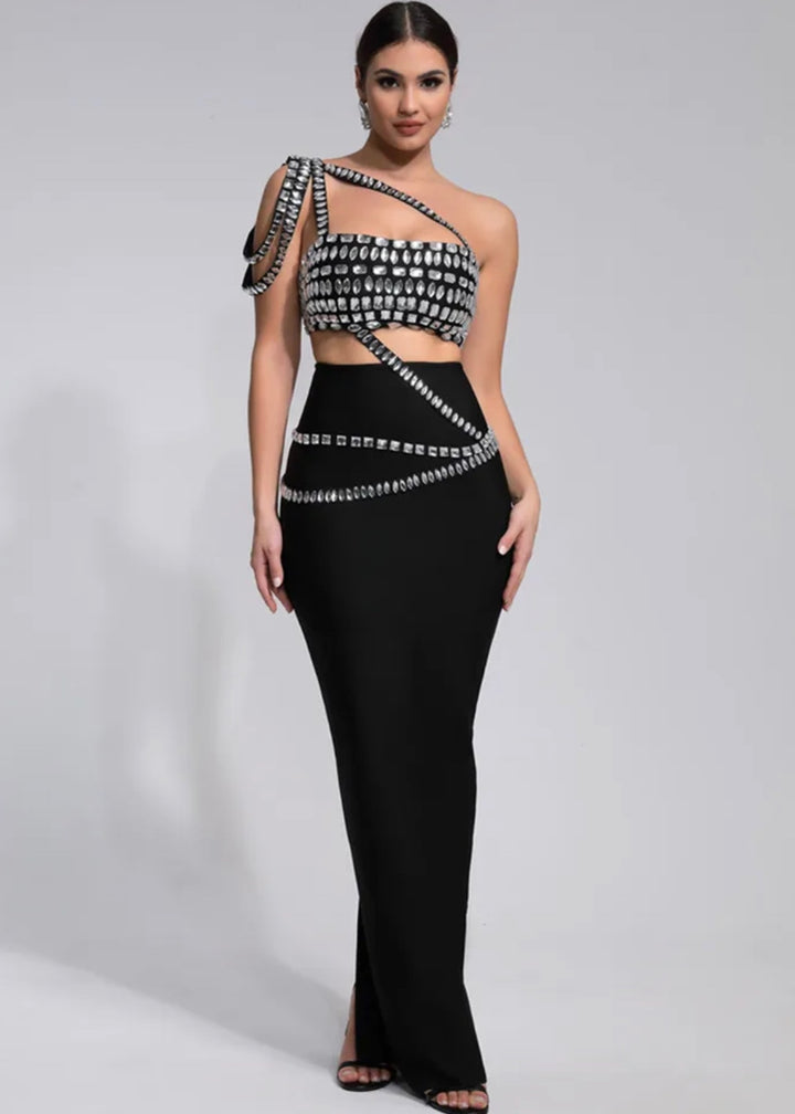 Rhinestone Draping Shoulder Two-Piece Dress