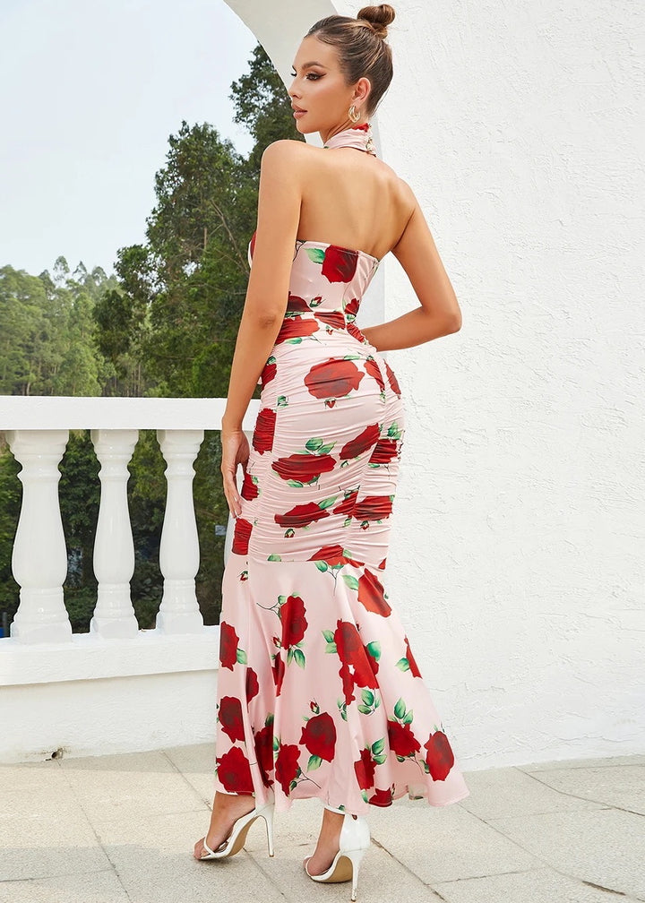 Halter-Neck Cutout Floral Maxi Dress