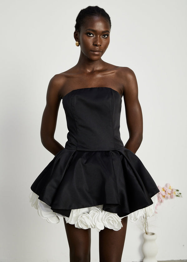 Strapless Sculpted Skirt Floral Hem Mini Dress