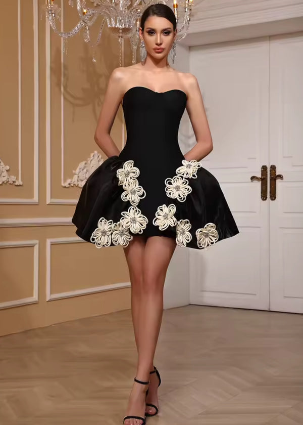 Strapless Sweetheart Puff Hem Applique Mini Dress