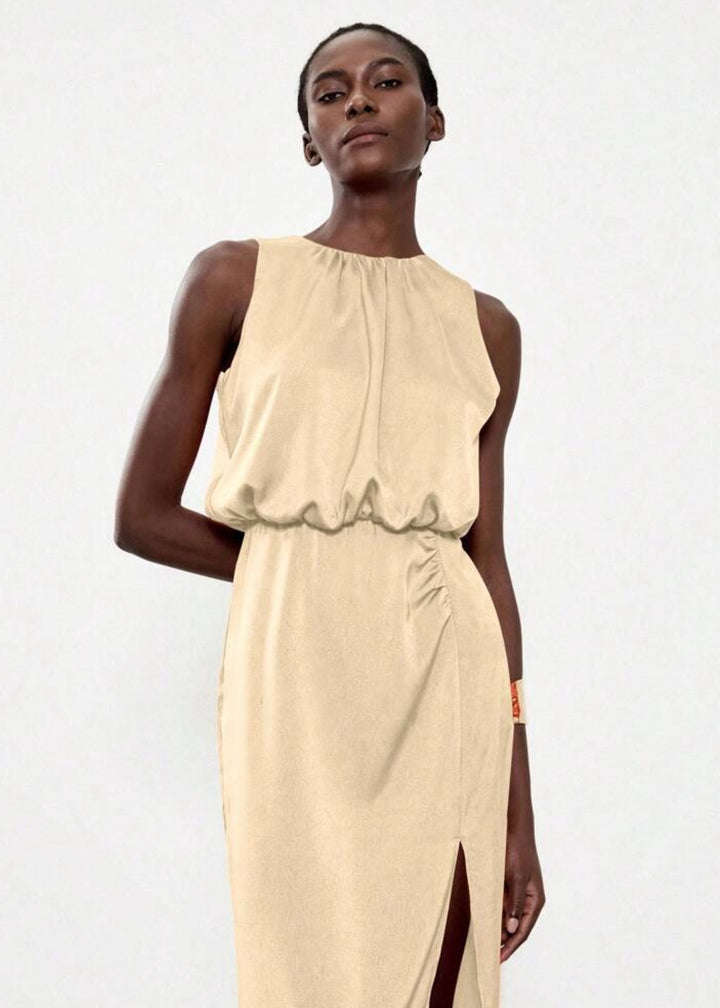 Sleeveless Side Slit Ruched Midi Dress