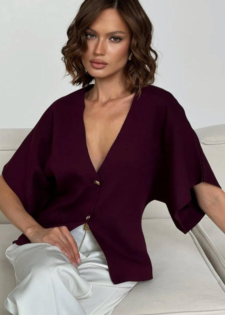 Button-Front V-Neck Loose-Fitting Top