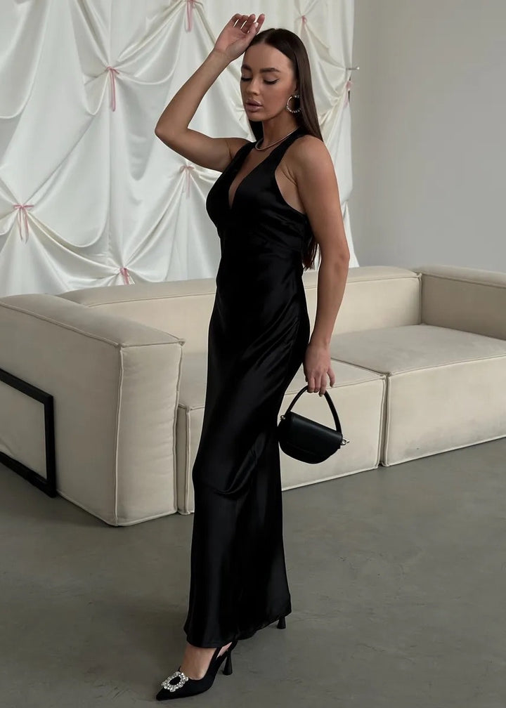 Crisscross Back V-Neck Satin Maxi Dress