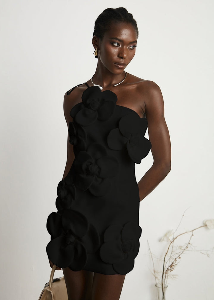 One Shoulder Floral Applique Tie Strap Dress