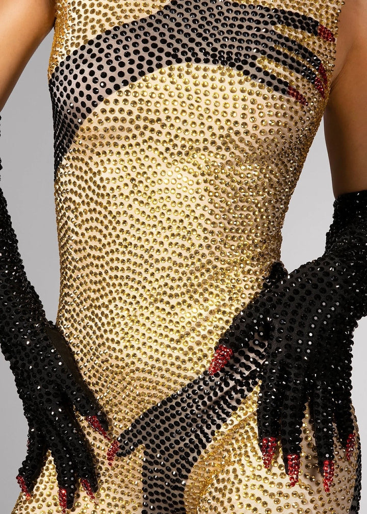 Rhinestone Hands Illusion Jumpsuit With Gloves