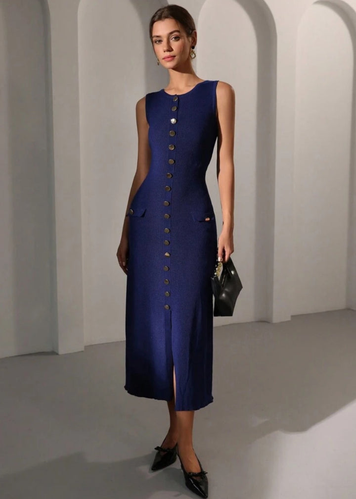 Sleeveless Button-Up Rib Knit Midi Dress