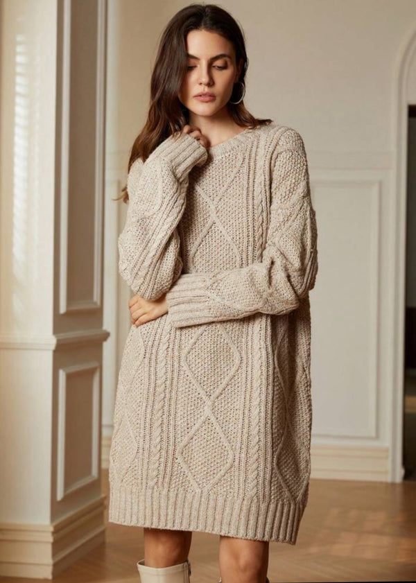 Crew Neck Cable Knit Mini Dress