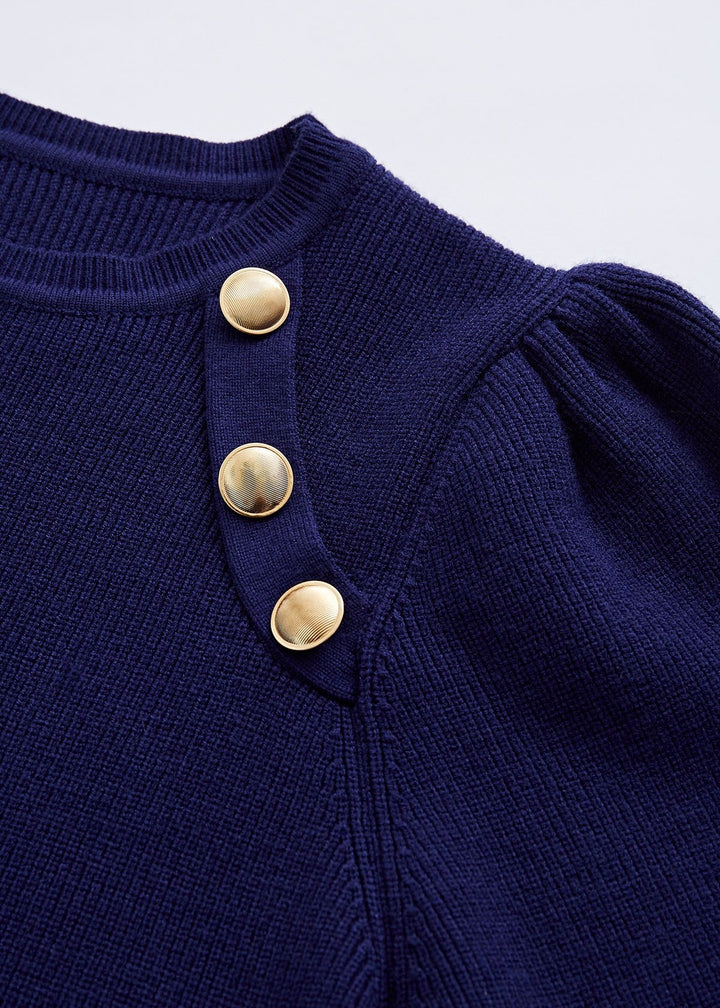 Gigot Sleeve Gold Buttons Decor Knit Top