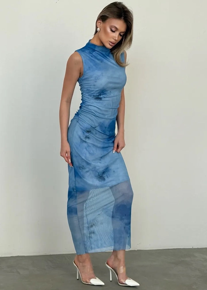 Sleeveless Maxi Dress with Ruched Sides and Tie‑Dye Print