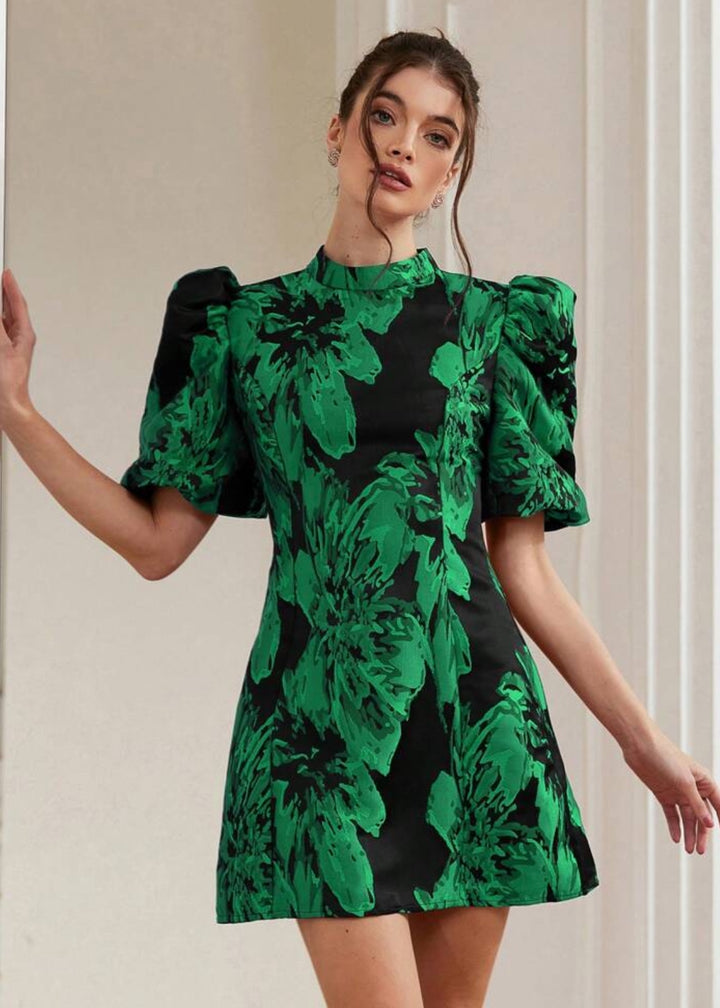 Jacquard Puff Sleeve Mock Neck Dres
