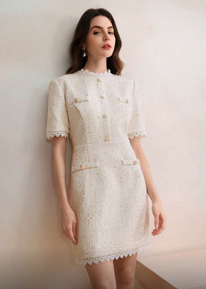 Tweed Button Front Lace Trim Mini Dress