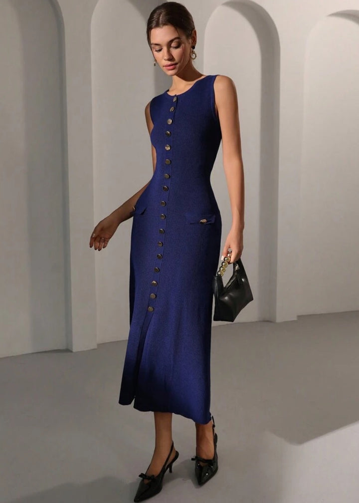 Sleeveless Button-Up Rib Knit Midi Dress