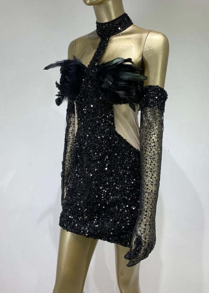 Effie Feather Decor Sequined Dress