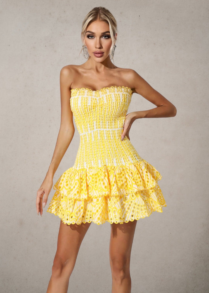 Strapless Layered Ruffled Hem Summer Mini Dress